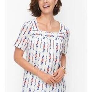 Talbots Blouse Top Embroidered Cotton Square Neck Multicolor Size Large
